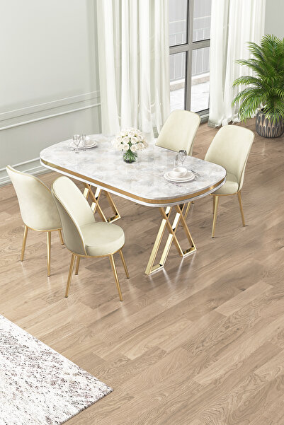 Canisa Lai Serisi 90x168 Rampla Gri Masa ve 4 Krem Sandalye Gold Kaplama Ayak