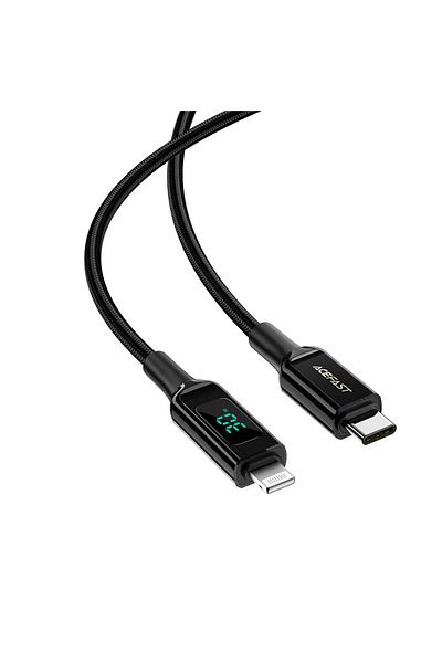 Acefast Kabel przewód w oplocie z ekranem LED do iPhone MFI USB-C - Lightning 1.2m 30W 3A czarny