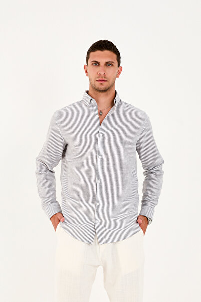 No Way Ανδρικό πουκάμισο Regular Fit 100% βαμβακερό ριγέ λινό πουκάμισο