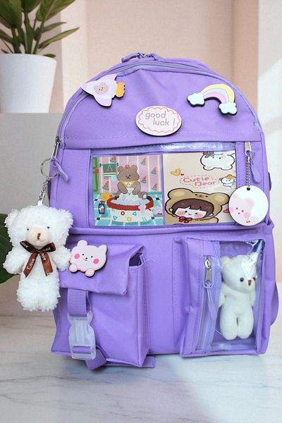 Mabai Korean Style School Backpack with Accessories and Teddy Bear Lilac