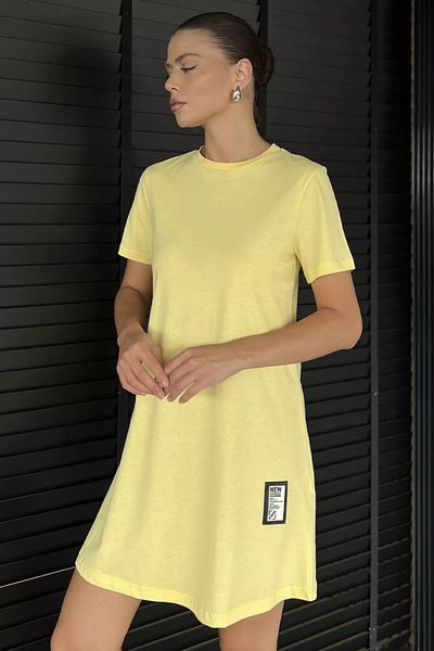 GÜLSELİ Yellow Women's Crew Neck T-Shirt Dress with Crest Detail