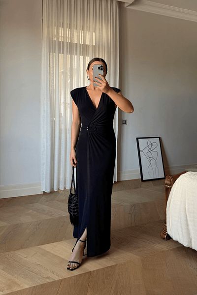 Tuba Butik Double Breasted Collar Padded Long Dress