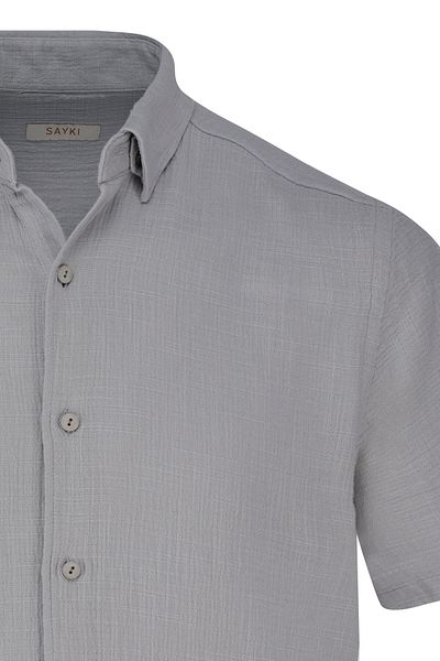 Hatemoğlu Gray Comfort Fit 100% Cotton Hidden Button Collar Short Sleeve Shirt