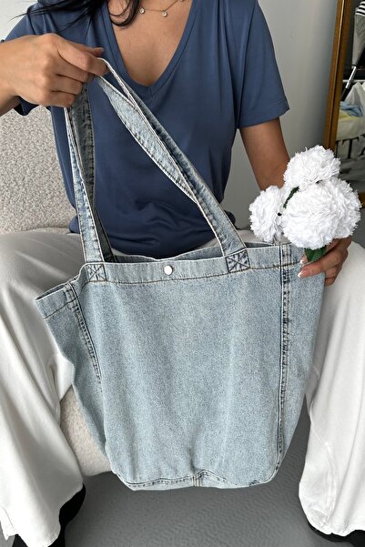 DESTEMODA Kadın Kot Çantası Düğme Detaylı Çanta Buz Mavi 7000