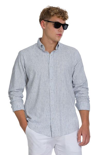 Hatemoğlu Navy Blue Comfort Fit Striped Button Collar Cotton-Linen Long Sleeve Shirt