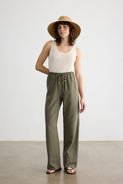 BE BLUE Khaki Bead Detail Viscos Linen Pants