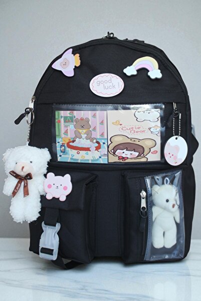 Mabai Korean Style School Backpack with Accessories and Teddy Bear Black