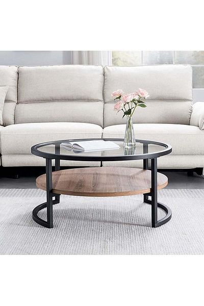 AGD Modern Glass Coffee Table 2 Layers Round Side Table Glass Top for Living Room Office Hotel Hall