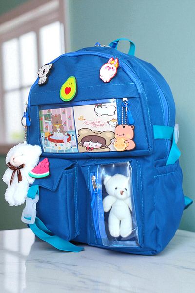 Mabai Korean Style School Backpack with Accessories and Teddy Bear Blue