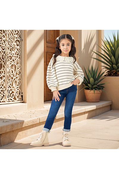 Juniors Striped Sweatshirt with Peter Pan Collar and Long Sleeves