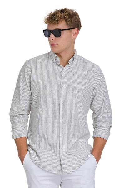 Hatemoğlu Gri Comfort Fit Çizgili Düğmeli Yaka Pamuk-Keten Uzun Kollu Gömlek
