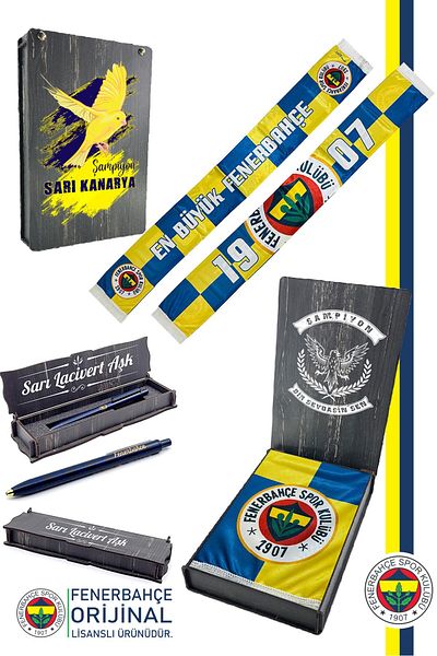 Fenerbahçe Original Licensed Largest Satin Shawl Scarf + Tip Pen Set Gift Boxed