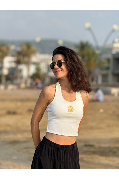 Store Boyundan Bağlamalı Crop - Güneş Nakışlı