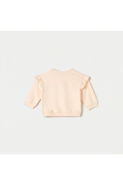 Juniors Floral Applique Sweatshirt with Ruffle Detail and Crew Neck