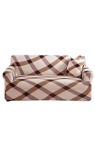 OEM Husă elastică pentru canapea, Comfort, model bej în carouri, mărimea L - 3 locuri, 185x230cm