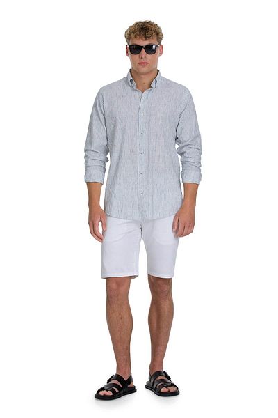 Hatemoğlu Navy Blue Comfort Fit Striped Button Collar Cotton-Linen Long Sleeve Shirt