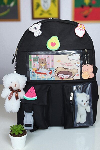 Mabai Korean Style School Backpack with Accessories and Teddy Bear Black