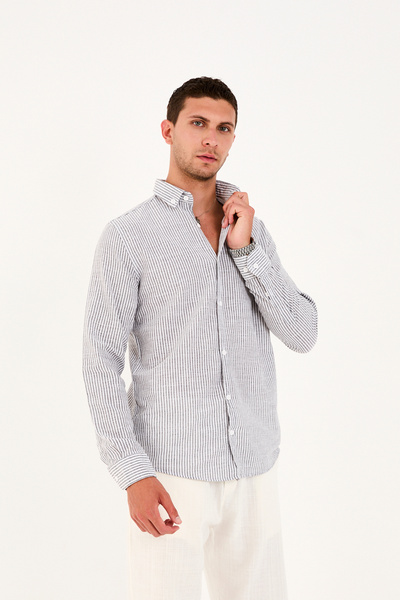 No Way Ανδρικό πουκάμισο Regular Fit 100% βαμβακερό ριγέ λινό πουκάμισο