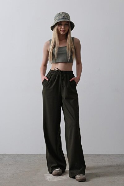 gl00my Wide Leg Trousers with Elastic Waist - Dark Khaki