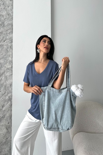 DESTEMODA Kadın Kot Çantası Düğme Detaylı Çanta Buz Mavi 7000