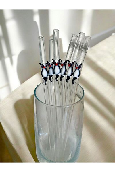 nazarboncuğu Glass Transparent Cat Figured Straw Eco-Friendly Set of 6 Glass Straws