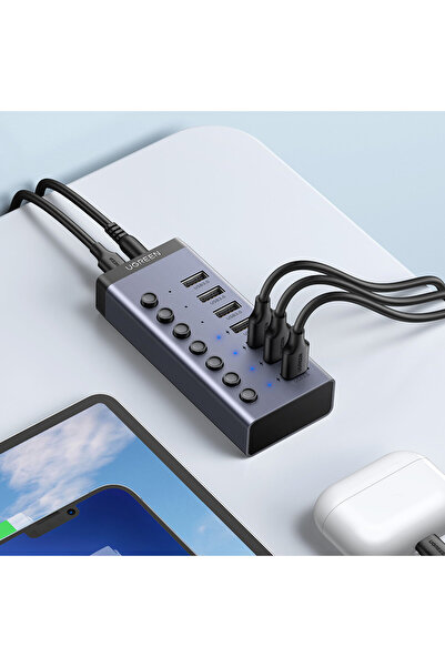 Ugreen Splitter HUB USB-C multifuncțional 7 în 1 - 7x USB 3.0 PD DC 12V Gri