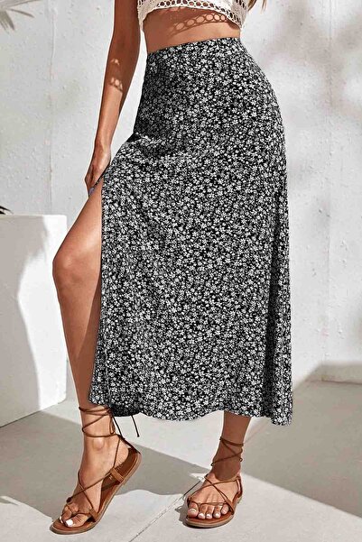 Merry See Çiçekli Yırtmaç Detaylı Etek