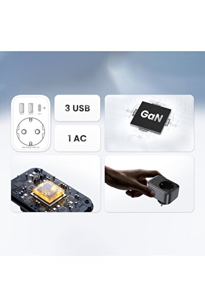 Ugreen Adaptor încărcător de perete 2 în 1, priză UE AC 13A, 2x USB, USB-C 30W, negru