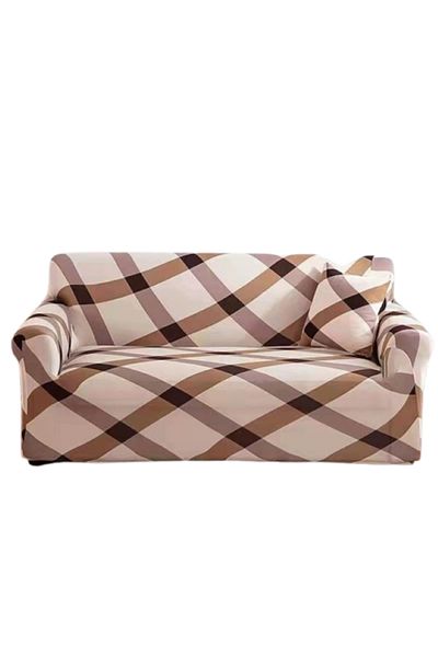 OEM Husă elastică pentru canapea, Comfort, model bej în carouri, mărimea L - 3 locuri, 185x230cm