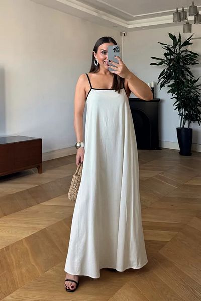 Tuba Butik Thin Strap Linen Look Long Dress