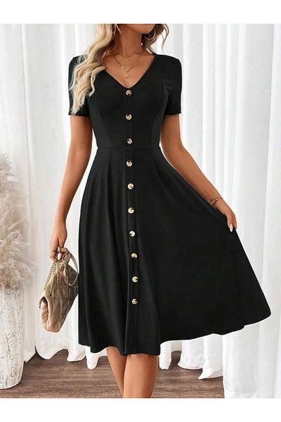 Modayakamoz New Season Women's Short Sleeve V-Neck Front Button A-Line Woven Dress