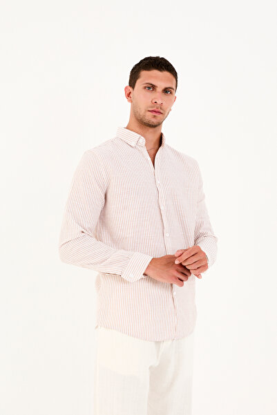 No Way قميص رجالي من الكتان المخطط بنسبة 100% من القطن ذو قصة عادية