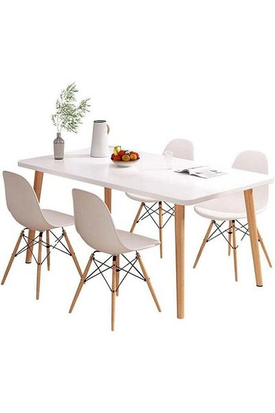 Taimi 5-Piece Dining Set, White Modern Rectangular Table, 120x60x73cm with 4 Elegant White Plastic Chairs