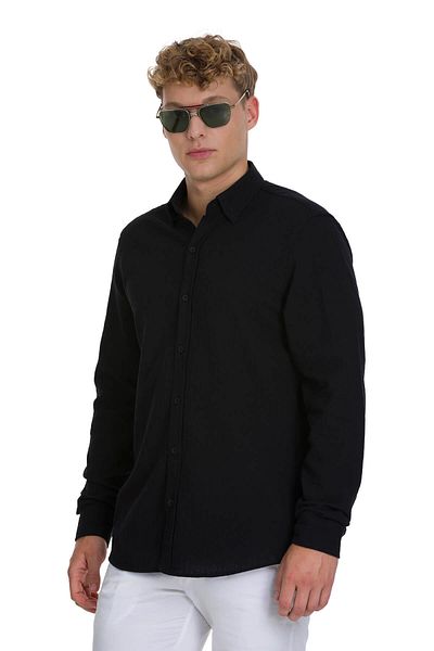 Hatemoğlu Black Comfort Fit 100% Cotton Hidden Button Collar Long Sleeve Cotton Shirt