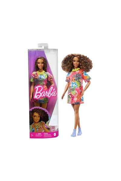 mattel Păpușa Barbie Fashionista, Rochie colorată, cu vibrații bune și împletituri voluminoase