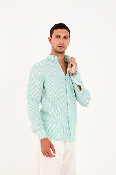 No Way قميص رجالي من الكتان المخطط بنسبة 100% من القطن ذو قصة عادية