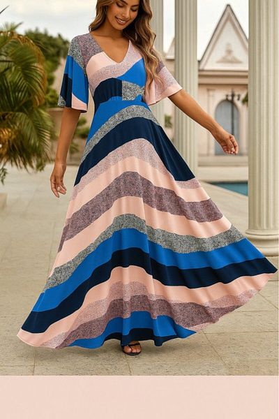 Viyamo New Season Women's Short Sleeve V Neck Patterned Stylish Long Dress