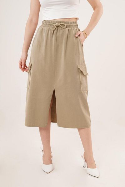 isez Khaki Skirt with Front Slit and Pocket Detail