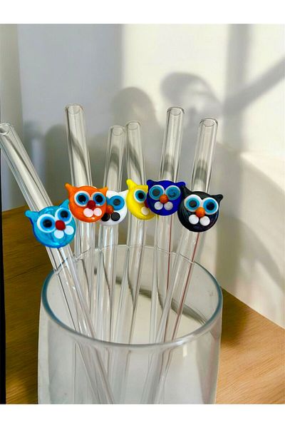 nazarboncuğu Glass Transparent Cat Figured Straw Eco-Friendly Set of 6 Glass Straws