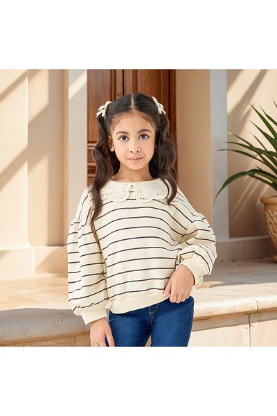 Juniors Striped Sweatshirt with Peter Pan Collar and Long Sleeves
