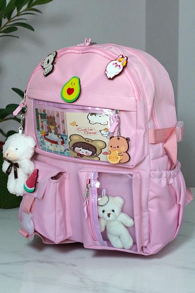 Mabai Korean Style School Backpack with Accessories and Teddy Bear Powder Pink