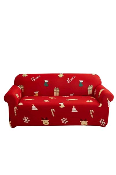 JOJO HOME Husă elastică pentru canapea, Jojo Home, imprimeu festiv de Crăciun, reni, L-180x230cm, roșu-multicolor