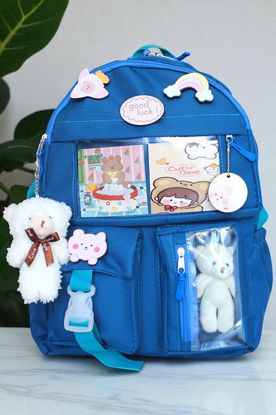 Mabai Korean Style School Backpack with Accessories and Teddy Bear Blue
