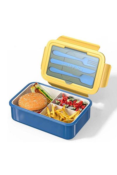 COOYA 1400ml 3-compartment Bento Box,with Cutlery,Removable Inner Liner,Easy to Carry,8.2 x5.4 x 2.3 in