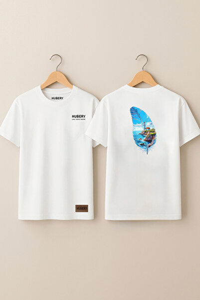 HUBERYWEAR تي شيرت مطبوع للرجال - نمط ملون من ريش الطيور وبرج البحر |   ملاءم...