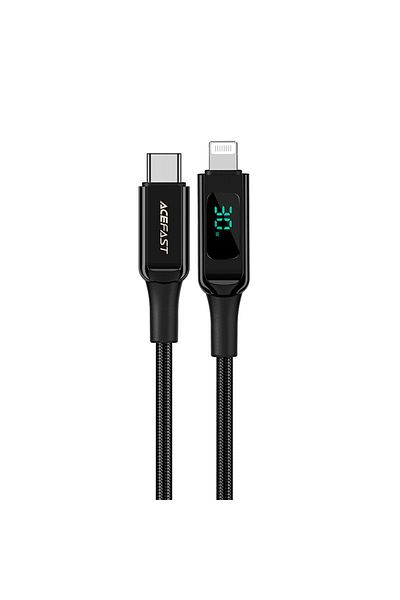 Acefast Kabel przewód w oplocie z ekranem LED do iPhone MFI USB-C - Lightning 1.2m 30W 3A czarny