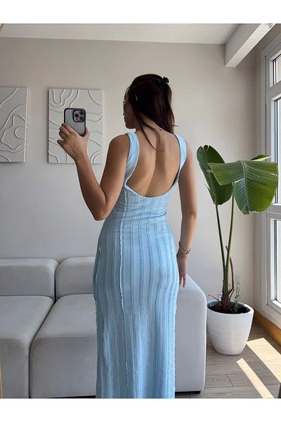 Zoom Butik Ribbed Back Low-Cut Dress - Blue