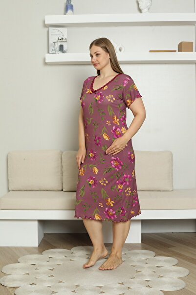 ERDENİZ TEKSTİL Patterned Nightgown Large Size with Lace Detail