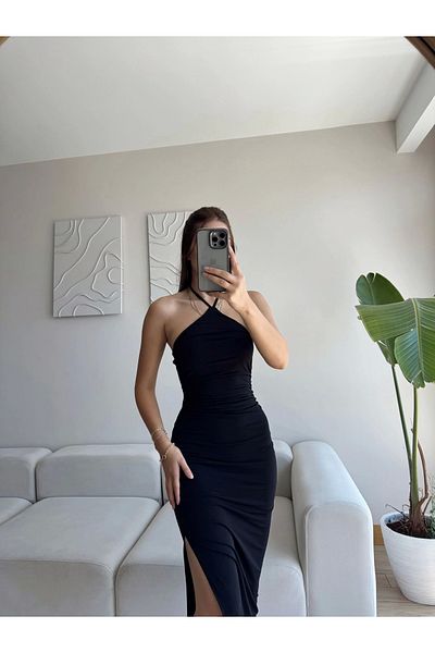 Zoom Butik Neck Tie Lined Dress - Black