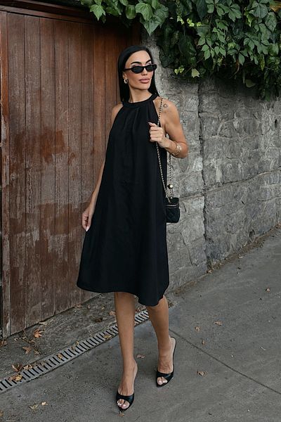 Fav Style Women's Halter Neck Sleeveless Pocket Linen Woven Short Dress Black